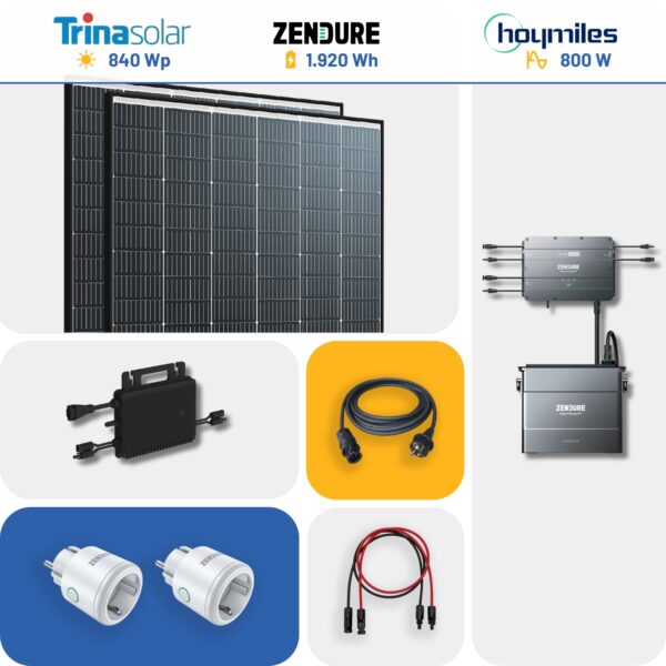 Balkonkraftwerk Set Hoymiles HMS-800W-2T Mikrowechselrichter mit eingebautem WLAN-Modul mit 2kWh Zendure Speicher Trina Solar 840Wp Black Frame