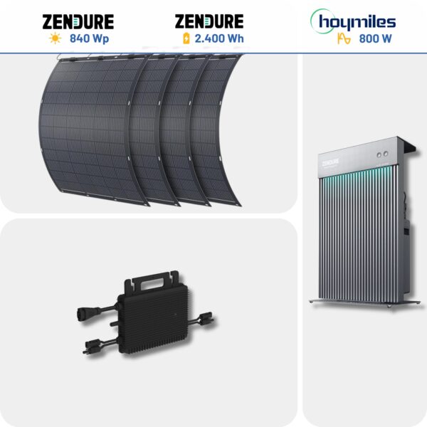 Balkonkraftwerk Set Hoymiles HMS-800W-2T Mikrowechselrichter Zendure Speicher AIO Zendure Solarmodule 840Wp Black Frame