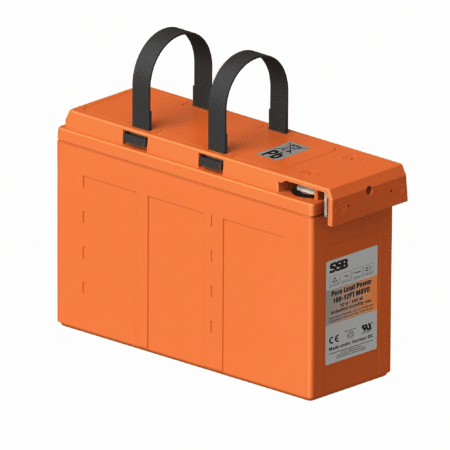 SSB PLP180-12FT M8V0 Frontterminal AGM-Akku 12V 41Ah in schräger Ansicht von rechts mit Tragegriffen