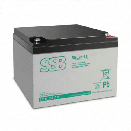 SSB SBL 26-12i AGM Blei-Vlies-Akku 12V, Schrägansicht von vorne rechts mit sichtbarer Beschriftung