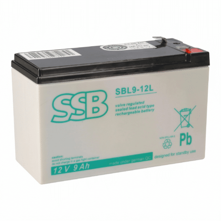 SSB SBL 9-12L AGM Blei-Akku 12V 9Ah, Frontansicht schräg mit sichtbarem Etikett und Polklemmen oben