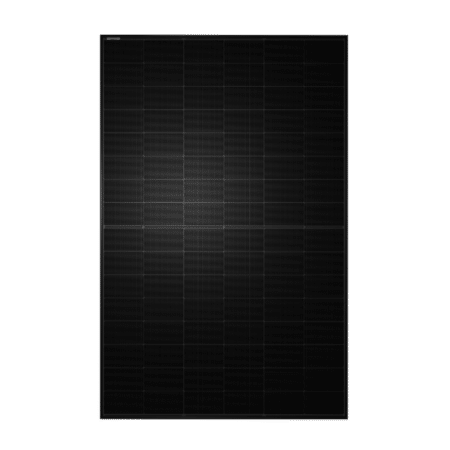 Frontansicht des ZEUS 1.1 Performance Black Glas-Glas Solarmoduls (460Wp) mit schwarzen Zellen.