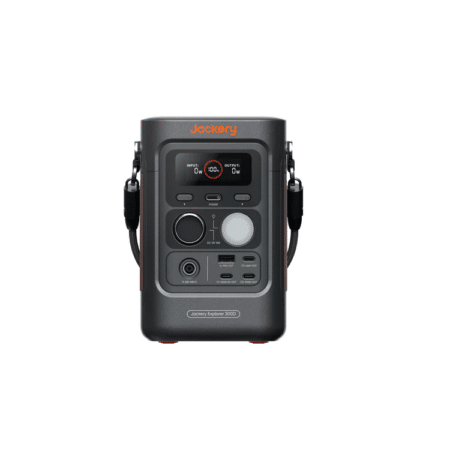 Frontansicht der Jackery Explorer 300D Powerstation mit Display, Bedienelementen und Anschlüssen