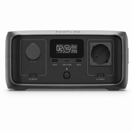 Frontansicht der EcoFlow River 3 UPS mit Display, USB-A/USB-C-Ports und AC/DC-Schaltern