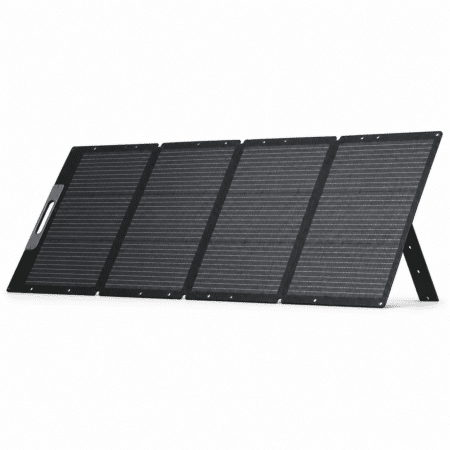 BLUETTI PV200 faltbares 200W Solarmodul aufgeklappt, Vorderseite der Solarzellen mit Aufstellfuß