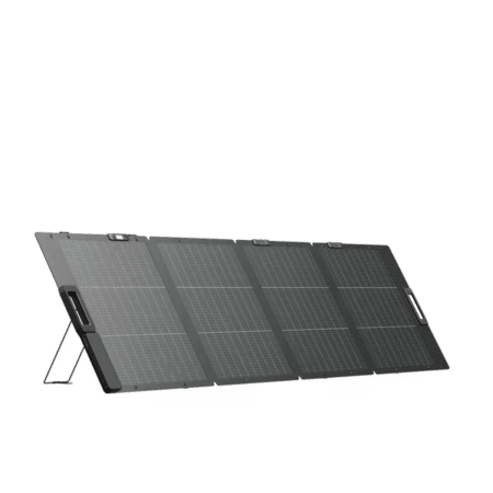 EcoFlow 220W Lightweight Solarpanel aufgeklappt, Vorderseite mit vier Panelsegmenten und Stützfuß