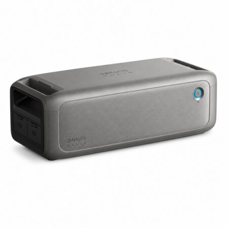Anker SOLIX BP3000 Erweiterungsakku 3072 Wh in Schrägansicht mit Tragegriffen, Anschlussseite und Taste