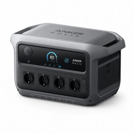 Anker SOLIX C2000 Gen 2 Powerstation 2048 Wh in Schrägansicht mit Display, Kfz-Steckdose und vier Schuko-Steckdosen
