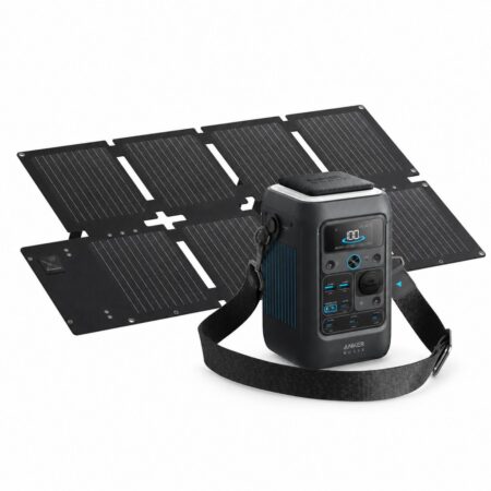 Anker SOLIX C300X DC Powerstation vor dem aufgeklappten Anker SOLIX PS60 Solarpanel mit 60 W