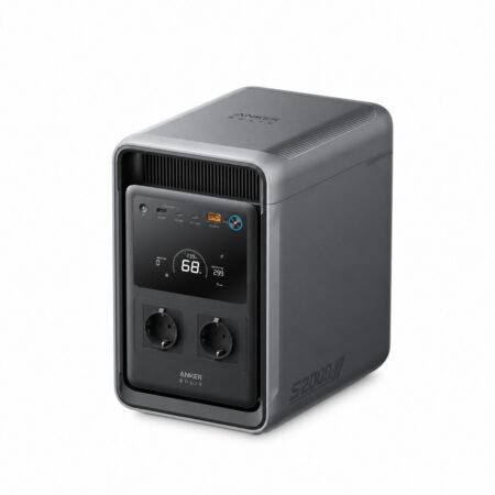 Anker SOLIX S2000 Powerstation 2010 Wh in Schrägansicht mit Display und zwei Schuko-Steckdosen auf der Vorderseite