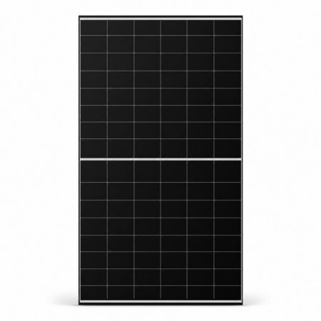 Frontansicht des Heckert Solar ZEUS 3.0 490 (B) Performance Glas-Glas Solarmoduls mit 490 Wp Back-Contact-Zellen und schwarzem Rahmen