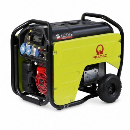 Pramac S 5000 Benzin-Stromerzeuger 230 V mit AVR, Honda-GX-Motor, Schuko- und CEE-Steckdosen und Radsatz