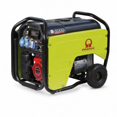 Pramac S 8000 Benzin-Stromerzeuger 230 V mit AVR, Honda-GX-Motor, Schuko- und CEE-Steckdosen und Radsatz