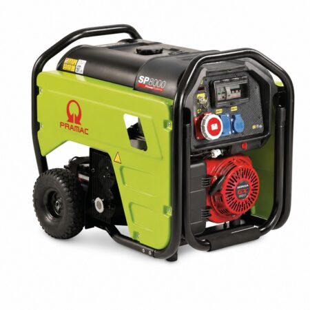 Pramac SP 8000 Benzin-Stromerzeuger 400 V / 230 V IP54 mit AVR, Honda-GX-Motor, CEE-Steckdosen und Radsatz