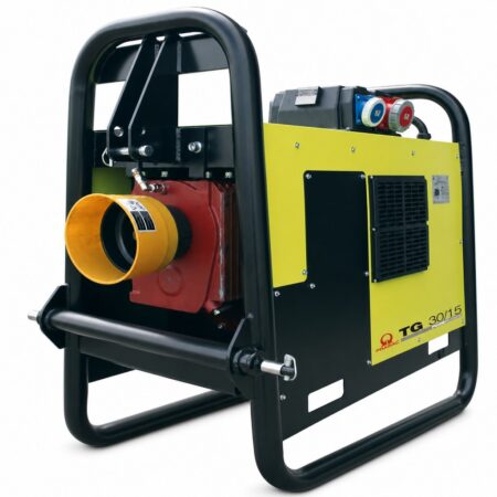Pramac TG Zapfwellengenerator IP44 mit AVR in Gelb-Schwarz, schwarzer Schutzrahmen, Zapfwellenanschluss mit gelber Schutzhülle und CEE-Steckdosen 230 V / 400 V auf weißem Hintergrund