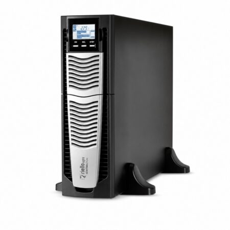 Riello Sentinel Dual SDU Online-USV als Tower mit Standfüßen, Schrägansicht mit LCD-Display