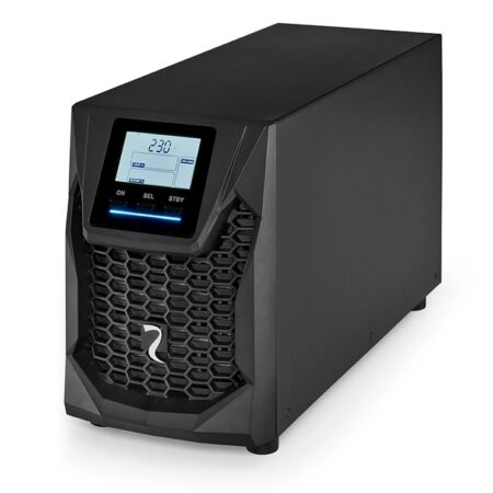 Riello Sentinel Pro2 SP2 1000 A3 Online-USV im Tower-Gehäuse, Schrägansicht von links mit LCD-Display