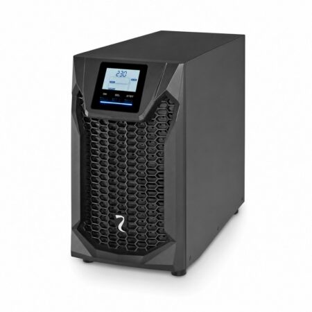 Riello Sentinel Pro2 SP2 2200/3000 Online-USV im großen Tower-Gehäuse, Schrägansicht mit LCD-Display und LED-Statusleiste