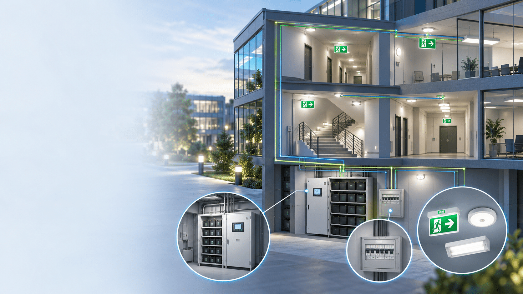 Illustration einer Sicherheitsbeleuchtungsanlage mit Zentralbatterie, Verteilung und Leuchten im Gebäude