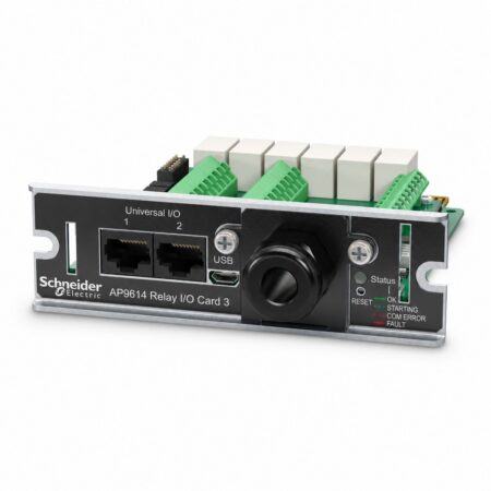 APC Dry Contact I/O Karte AP9614 (Relay I/O Card 3) für den USV-SmartSlot, Schrägansicht mit zwei Universal-I/O-Ports, Micro-USB und Relais-Klemmen