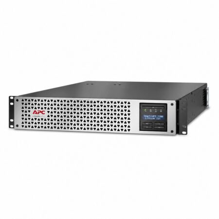 APC Smart-UPS SMTL2200RMI2UCNC Lithium-Ionen-USV 2200 VA für 19-Zoll-Rack mit 2 HE, silberne Frontblende und LCD-Display, Schrägansicht von vorn