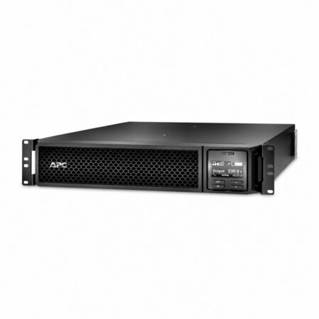 APC Smart-UPS SRT1500RMXLI Online-USV 1500 VA im 19-Zoll-Rackgehäuse mit 2 Höheneinheiten, LCD-Display und Montagewinkeln, Schrägansicht von vorn
