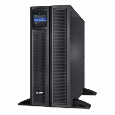 APC Smart-UPS X SMX2200HV / SMX3000HV Line-Interactive-USV mit 4 Höheneinheiten als Tower aufgestellt, Schrägansicht von vorn mit LCD-Display