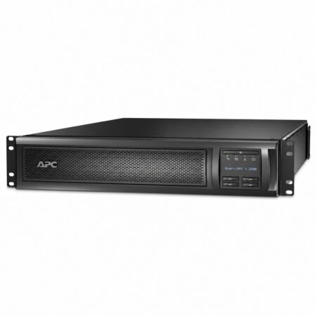 APC Smart-UPS X SMX2200RMHV2U Line-Interactive-USV 2200 VA im Rackgehäuse mit 2 Höheneinheiten, Schrägansicht von vorn mit LCD-Display