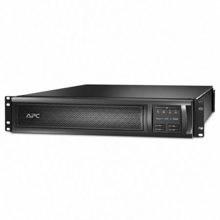 APC Smart-UPS X SMX3000RMHV2U Line-Interactive-USV 3000 VA im Rackgehäuse mit 2 Höheneinheiten, Schrägansicht von vorn mit LCD-Display