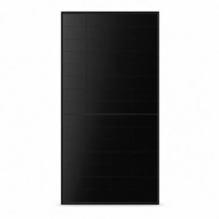 Frontansicht des Heckert Solar ZEUS 3.2 Handwerkermoduls mit 285 Wp – komplett schwarzes Back-Contact-Solarmodul mit Halbzellen und schwarzem Rahmen