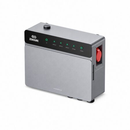 Zendure PowerHub 3-phasig Energiezentrale in der Schrägansicht mit LED-Statusleiste und roter CEE-Steckdose