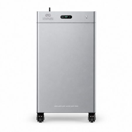 Zendure SolarFlow 4000 Mix Pro Heimspeicher mit 8 kWh in der Frontansicht mit LED-Statusanzeige und Transportrollen